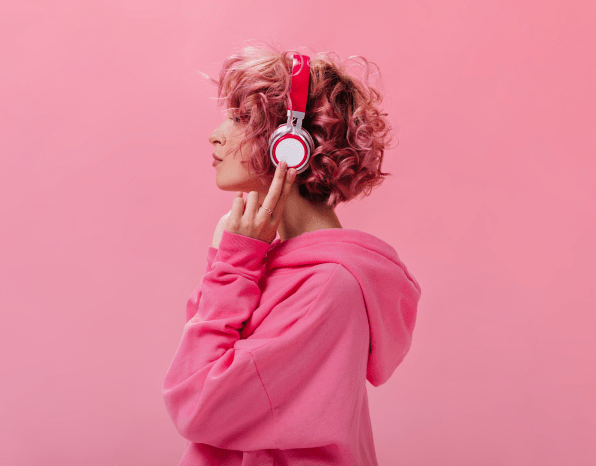 portrait curly pink haired woman massive white hfrcfr